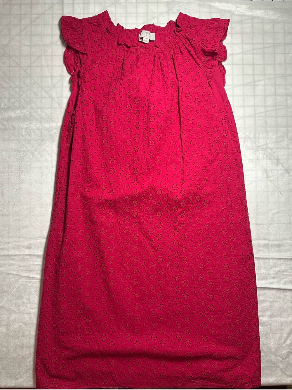 LOFT Raspberry Pink Eyelet Ruffle-Trim Shift cotton Dress - Picture 4 of 11